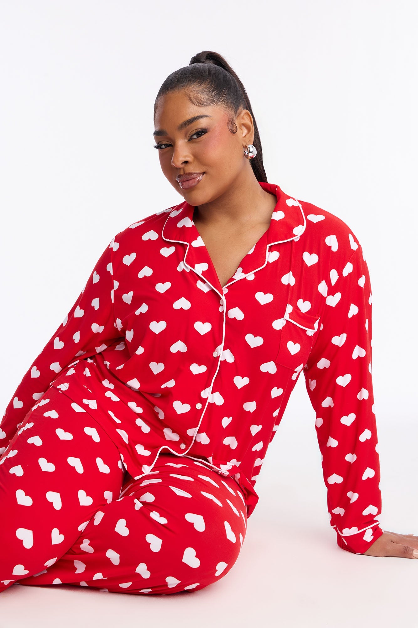Heart Skips A Beat Long Sleeve PJ Pant Set - Red/White