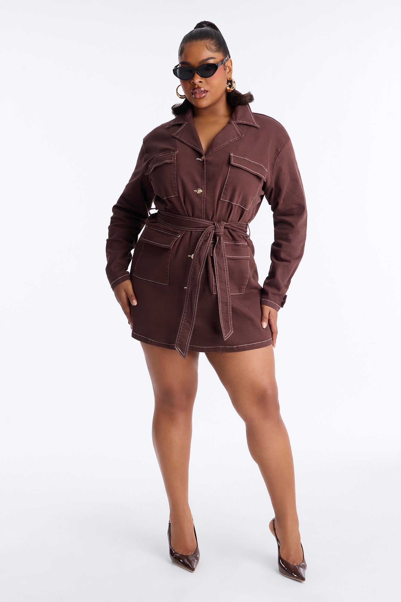 Frenchie Denim Mini Shirt Dress - Brown