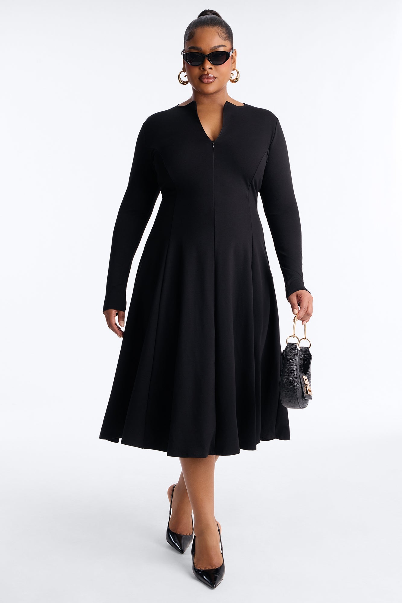 Elliana Zip Pleated Midi Dress - Black