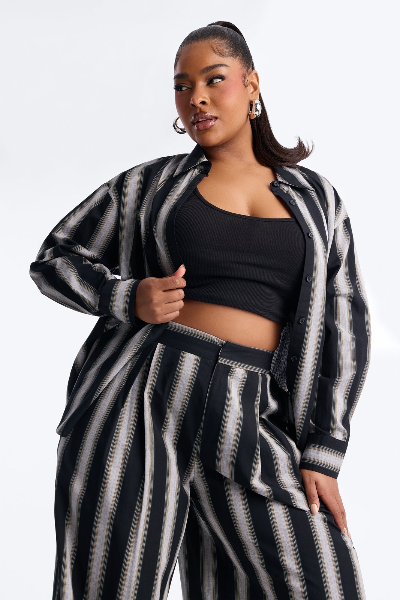Rina Poplin Striped Pant Set - Black/combo
