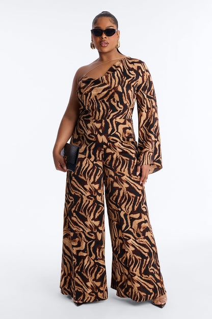 Tori Zebra One Shoulder Jumpsuit - Brown/combo