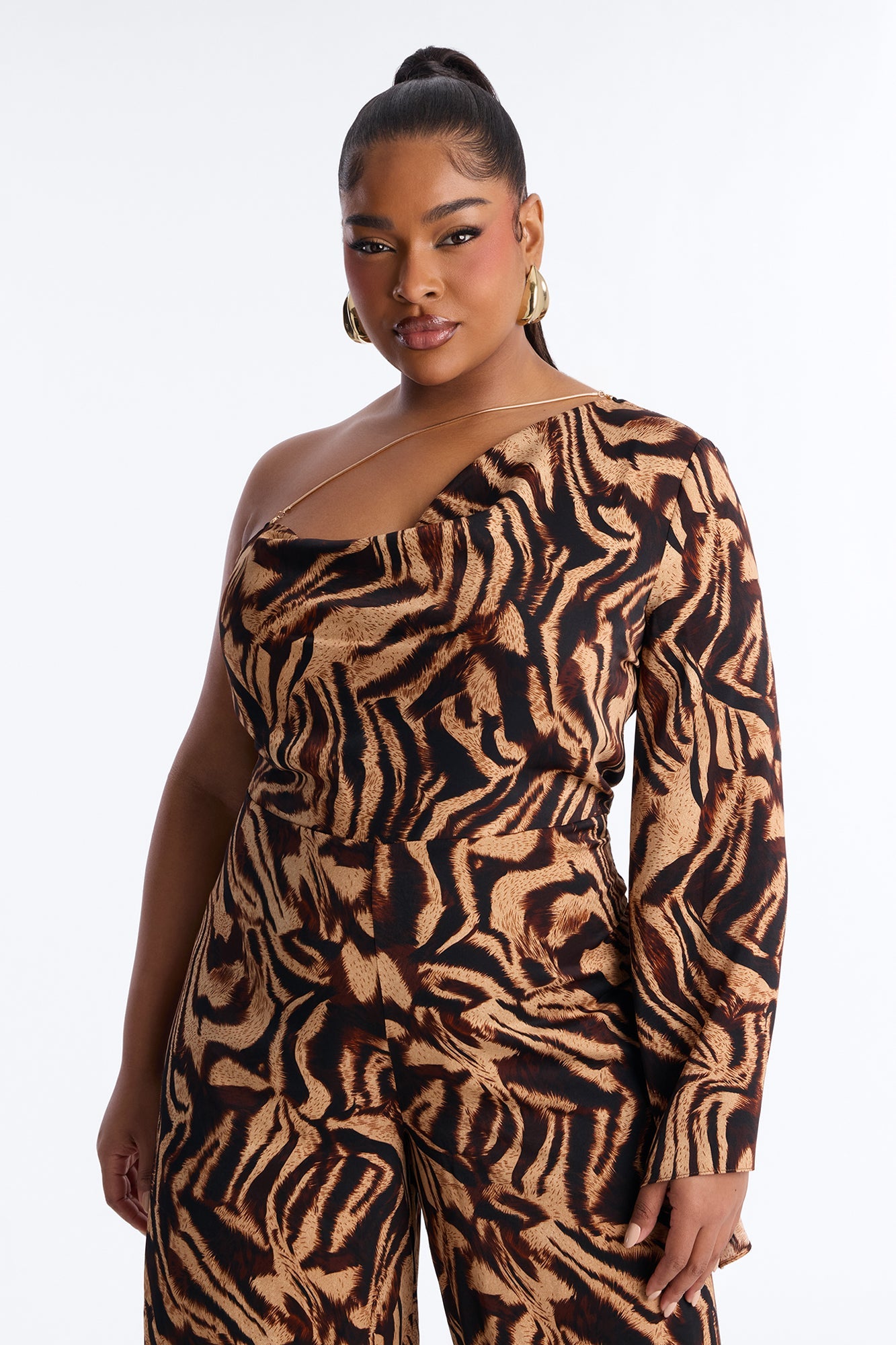 Tori Zebra One Shoulder Jumpsuit - Brown/combo