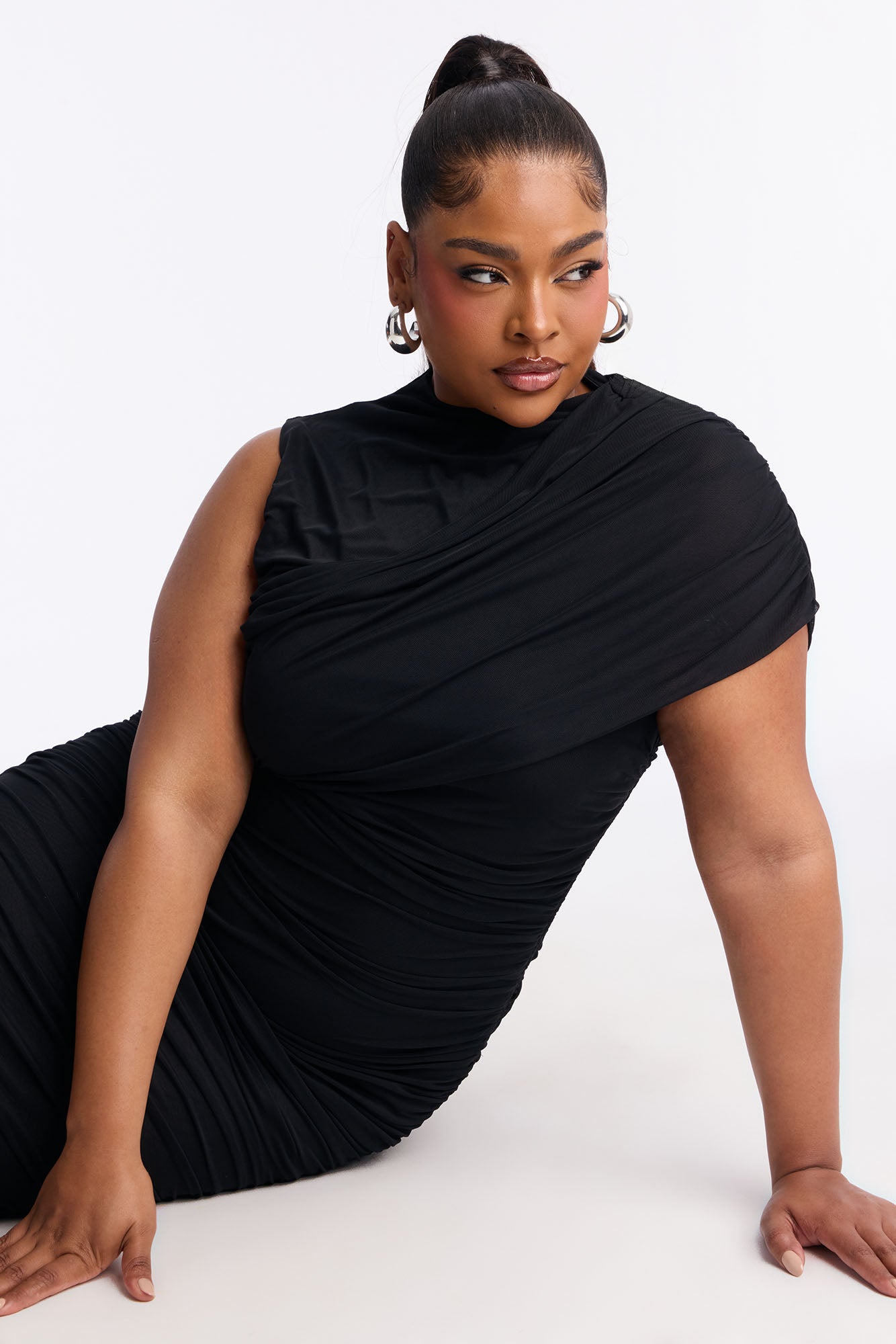 Diya Draped Mesh Midi Dress - Black