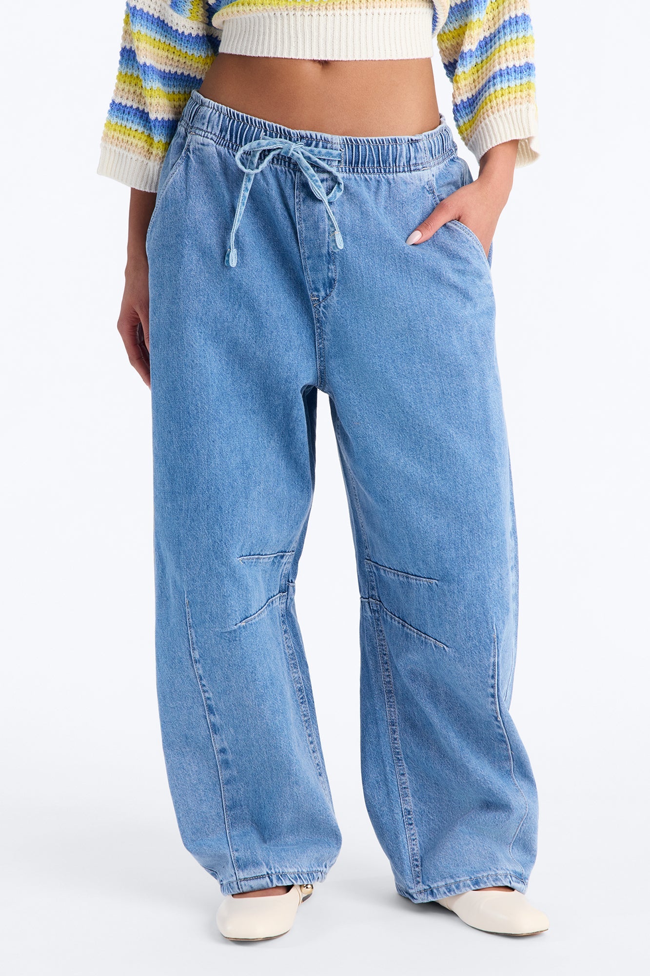 Vacay Moods Pull On Tie Waist Jeans - Light Wash