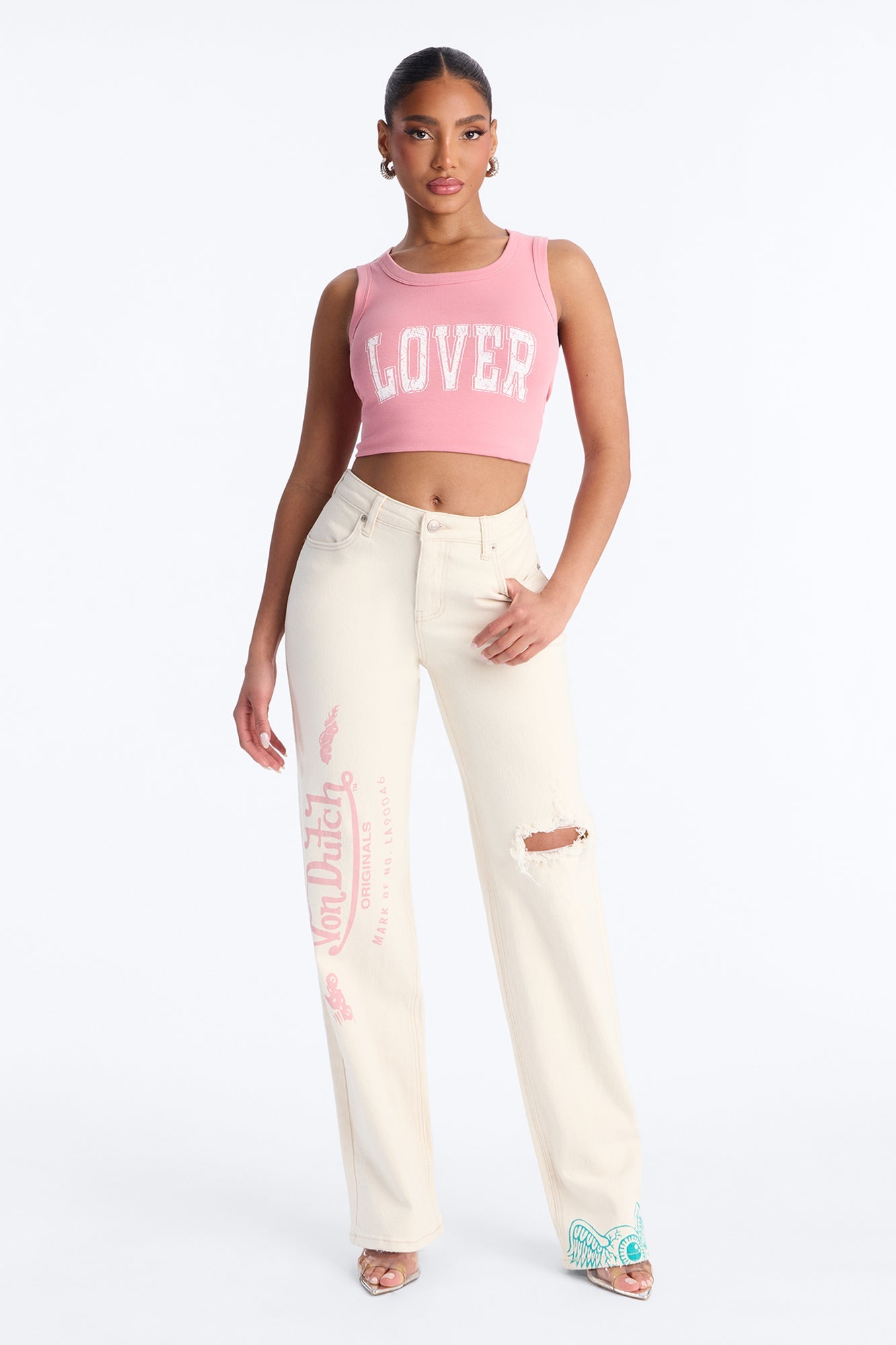 Von Dutch Originals Ripped Straight Leg Jeans - Ivory