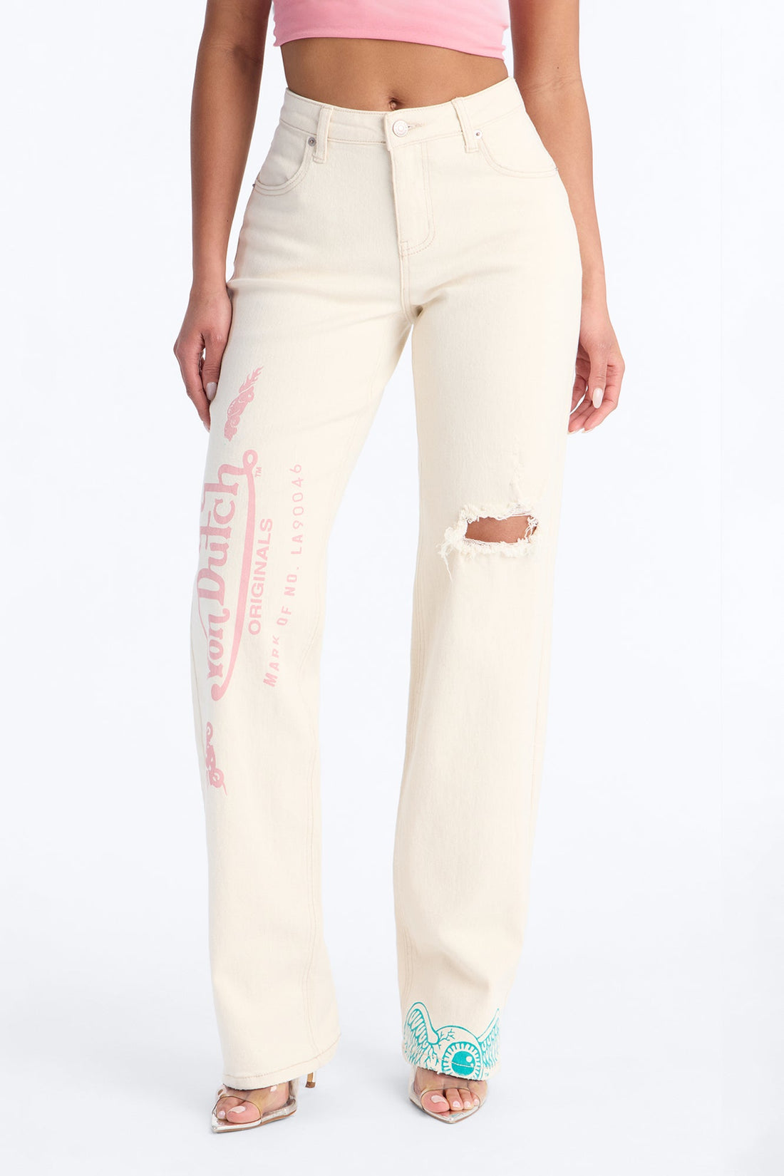 Von Dutch Originals Ripped Straight Leg Jeans - Ivory