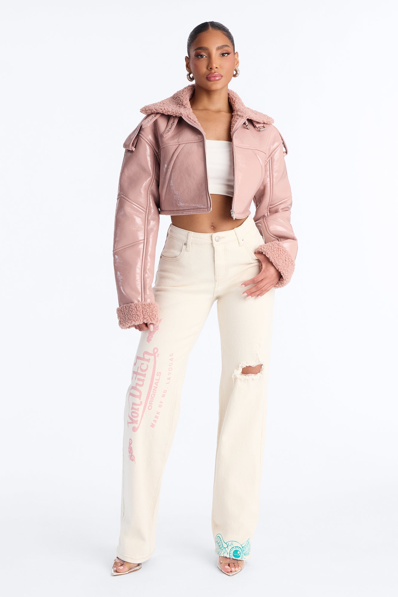 Bad Influence Faux Leather Cropped Jacket - Pink