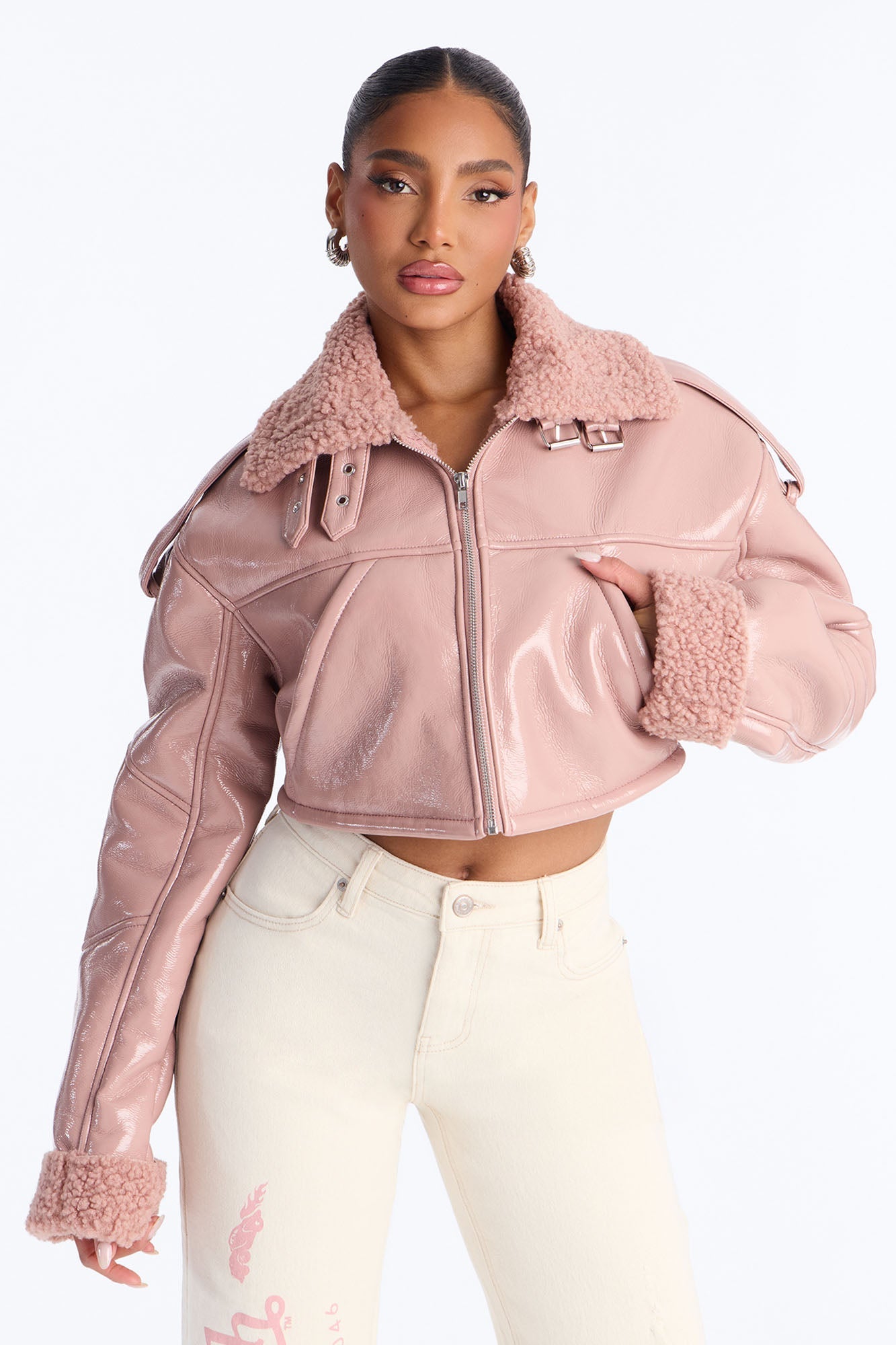 Bad Influence Faux Leather Cropped Jacket - Pink