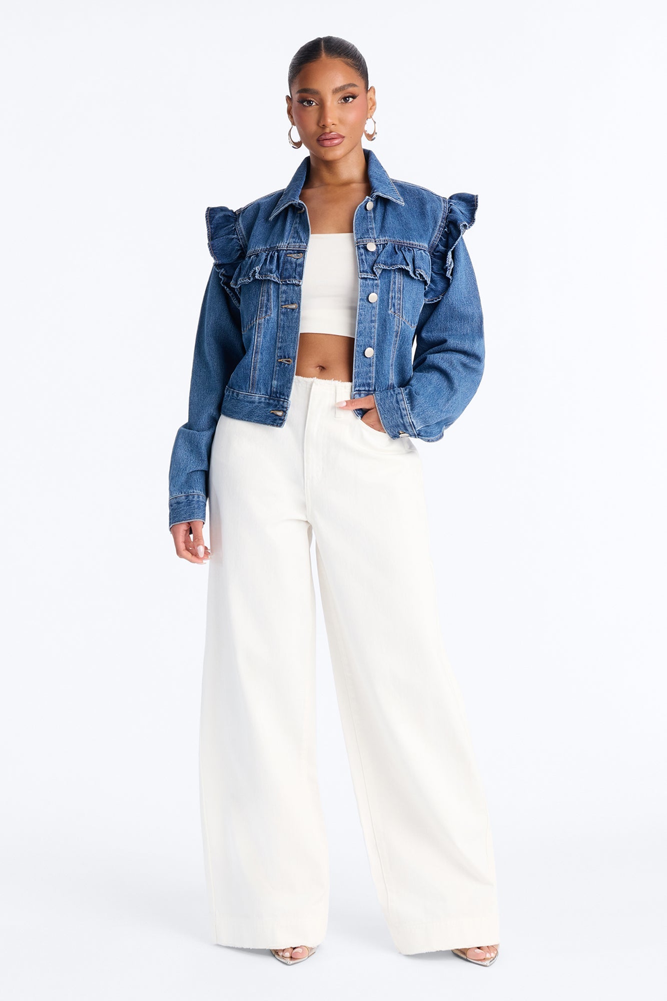 Scandi Ruffled Denim Jacket - Dark Wash