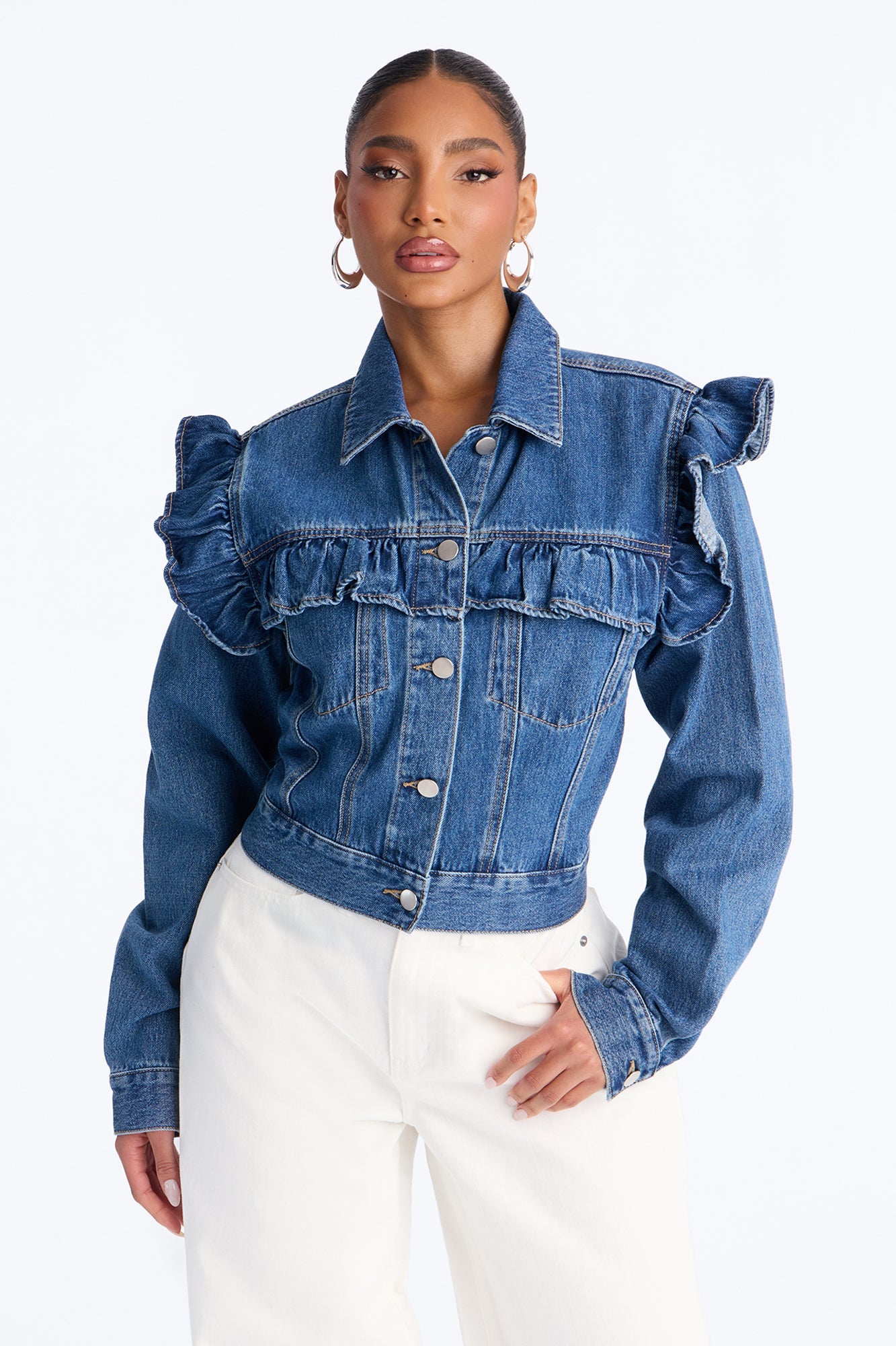 Scandi Ruffled Denim Jacket - Dark Wash