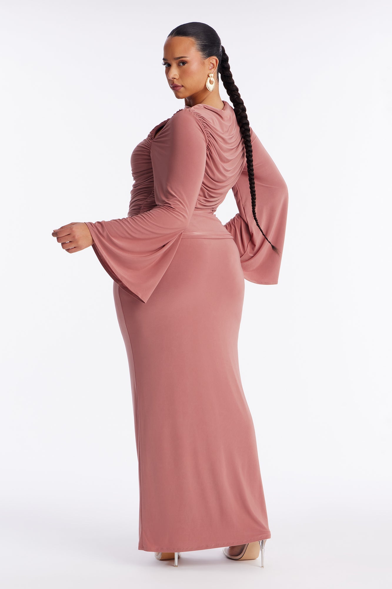 Carlita Ruched High Neck Maxi Skirt Set - Mauve