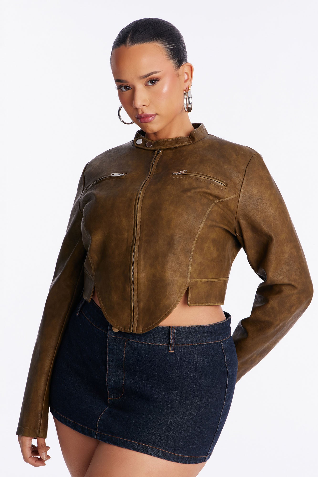 Ines Washed Faux Leather Jacket - Olive