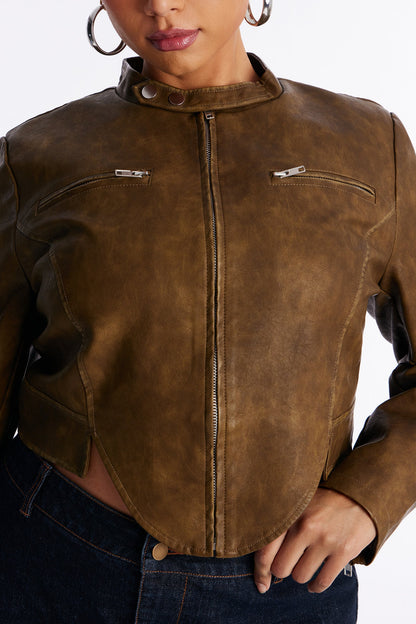 Ines Washed Faux Leather Jacket - Olive