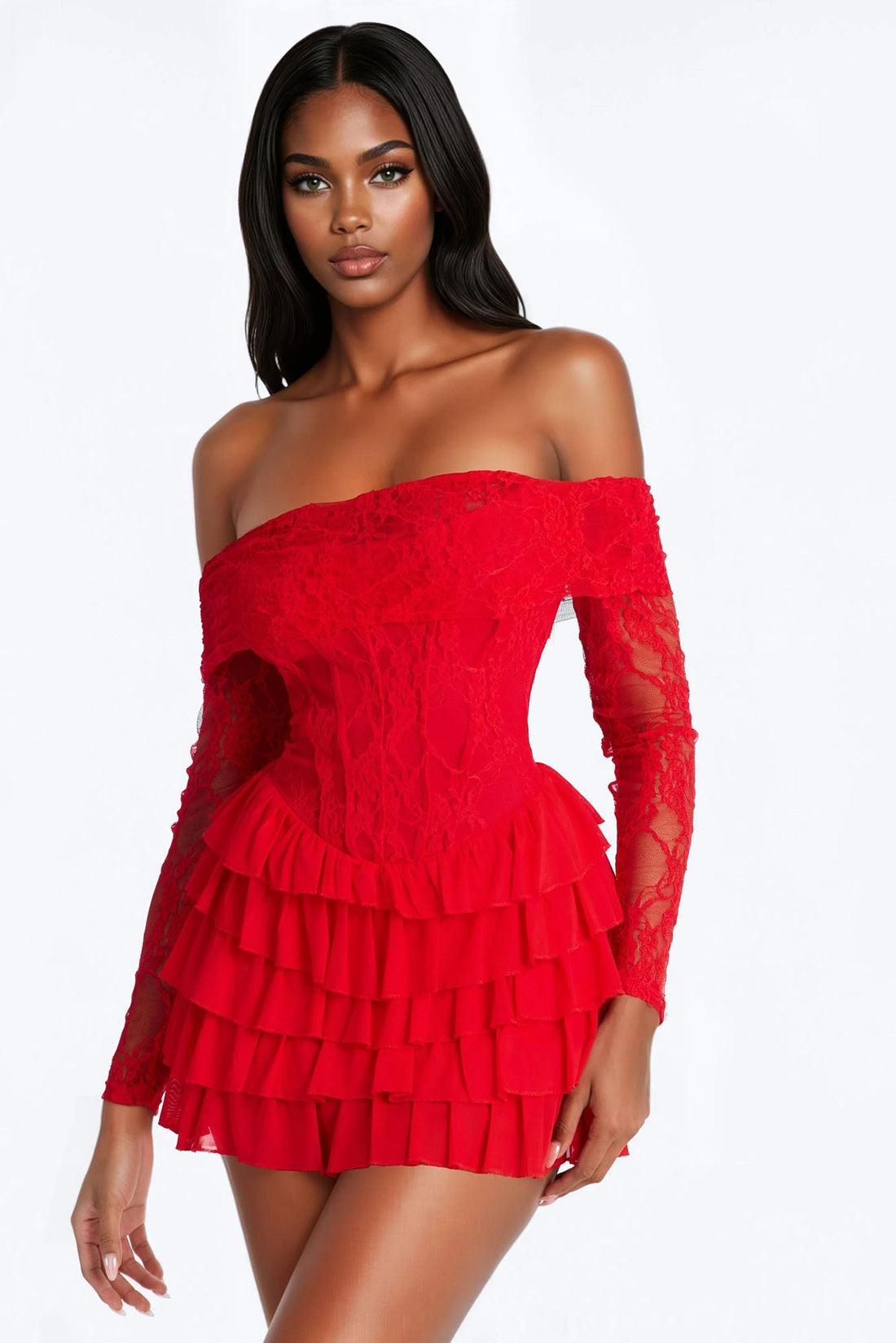 Elsie Ruffle Lace Mini Dress - Red