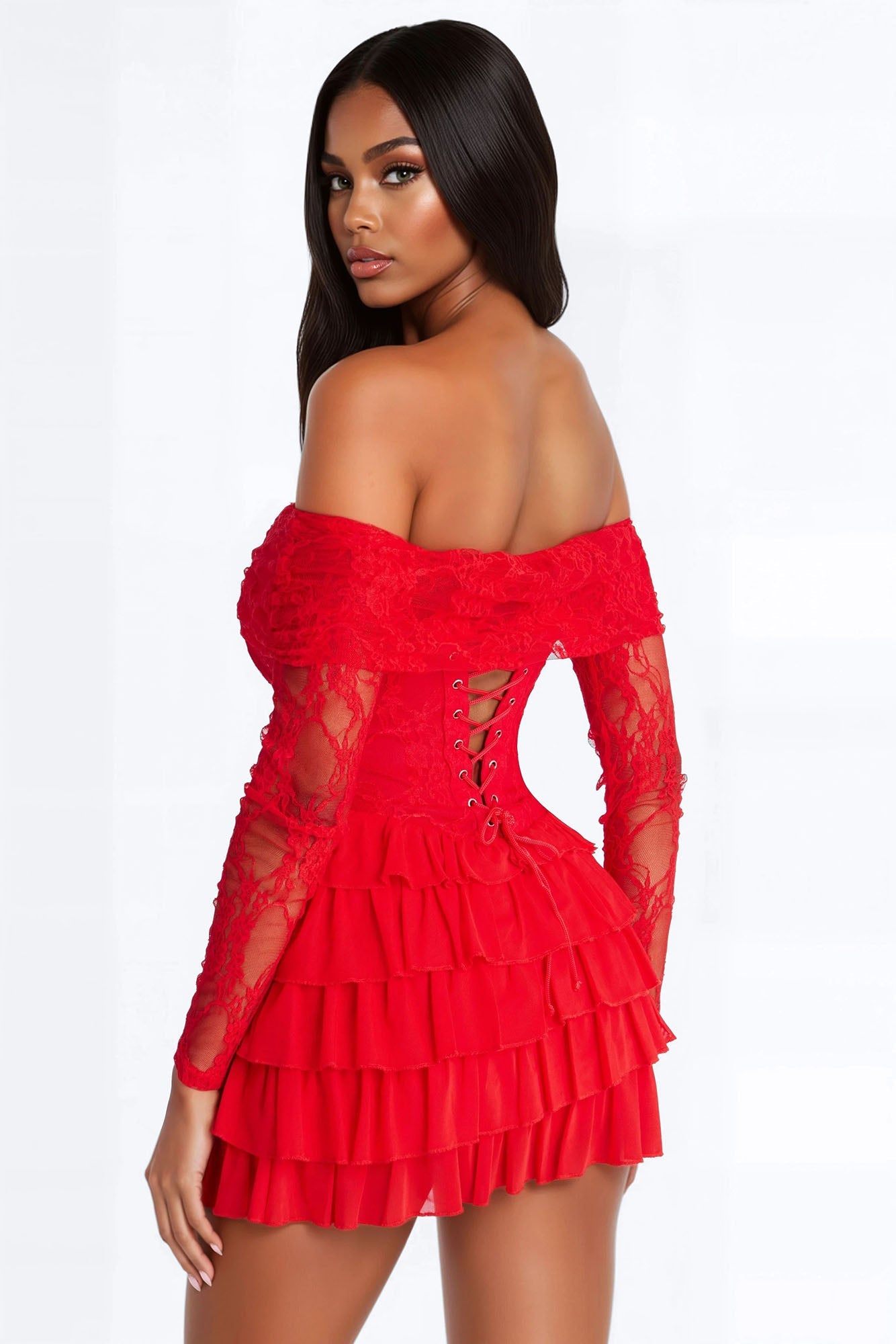 Elsie Ruffle Lace Mini Dress - Red
