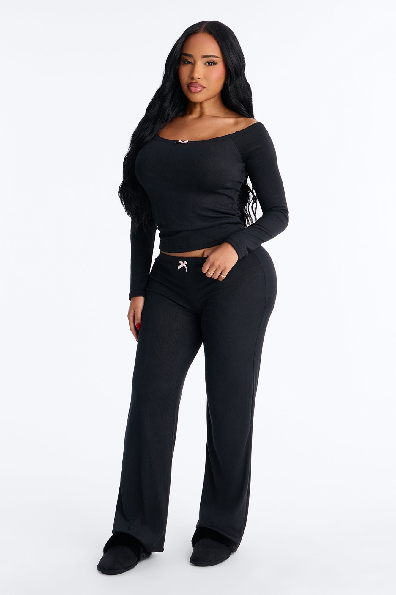 Romance Dreams Off Shoulder Pointelle PJ Pant Set - Black