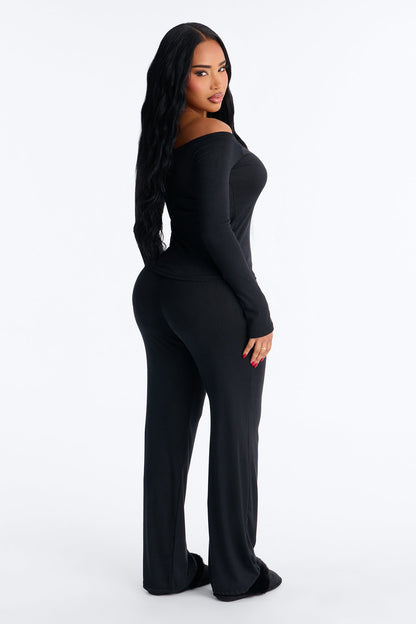 Romance Dreams Off Shoulder Pointelle PJ Pant Set - Black
