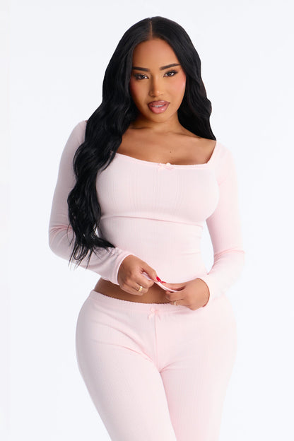 Romance Dreams Off Shoulder Pointelle PJ Pant Set - Light Pink