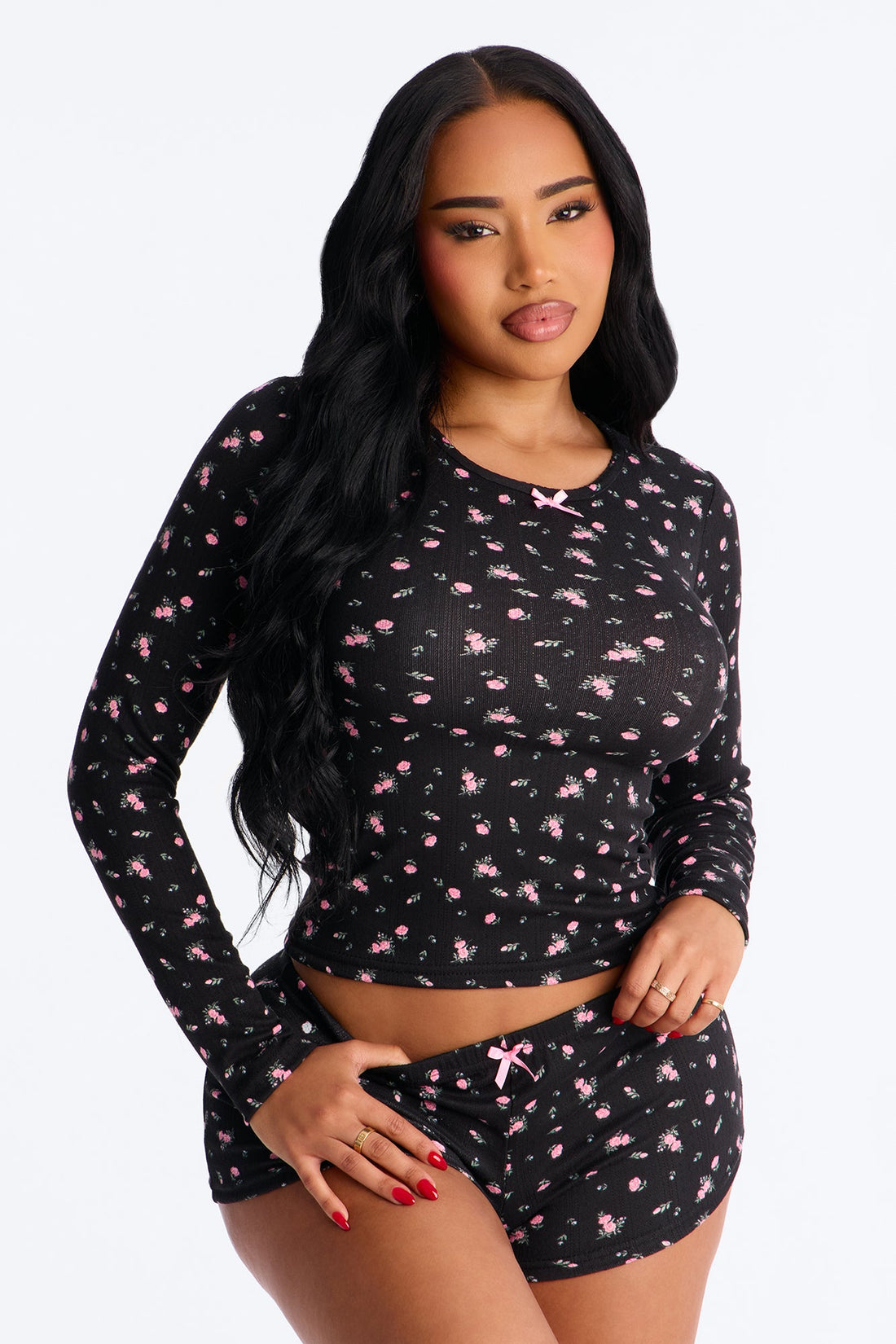 Dreamy Flowers Pointelle Long Sleeve PJ Short Set - Black/Pink