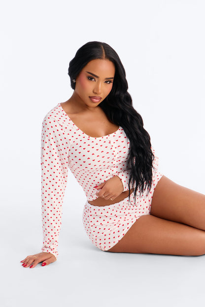 Love You Forever Ribbed Long Sleeve PJ Short Set - Red/White