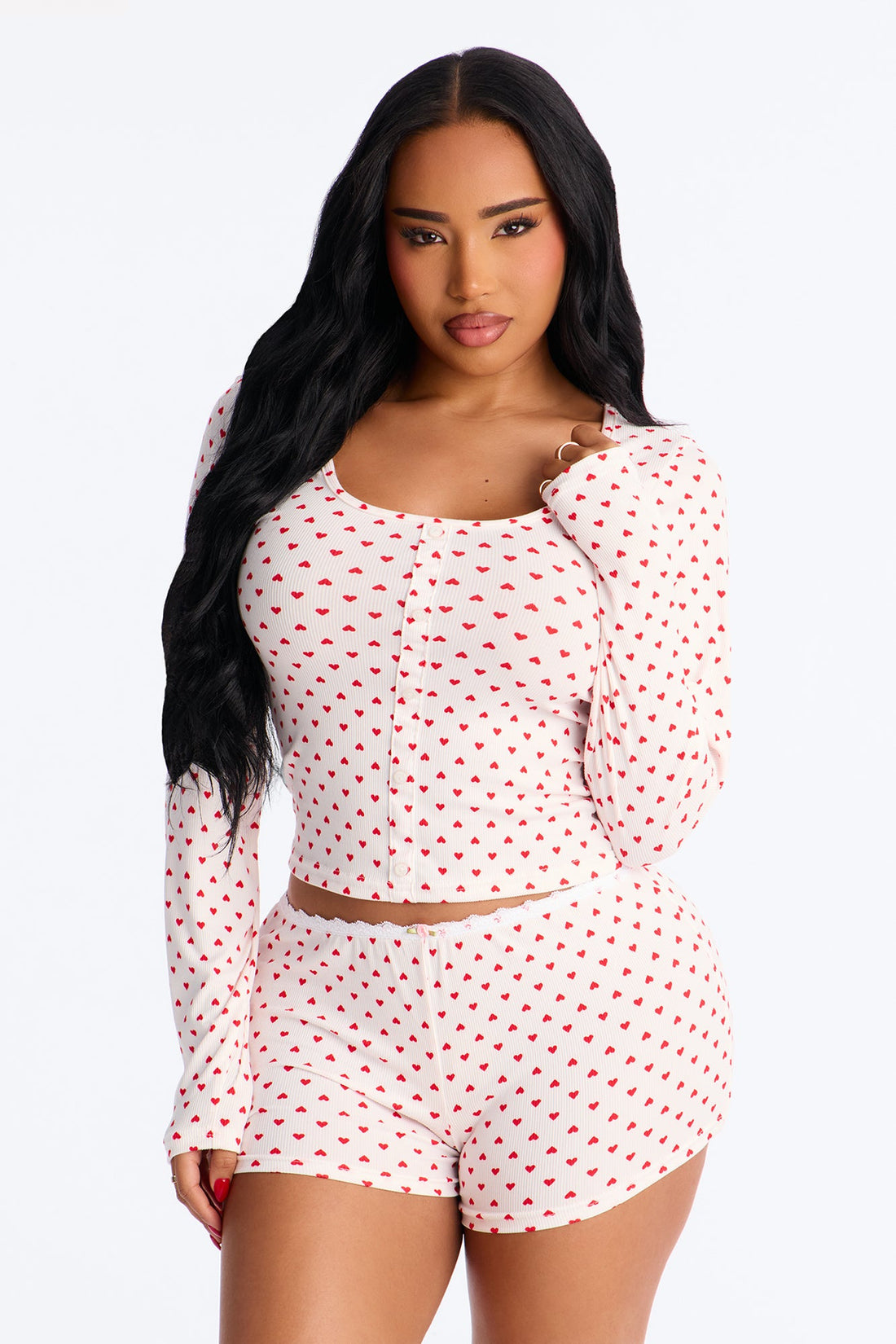 Love You Forever Ribbed Long Sleeve PJ Short Set - Red/White
