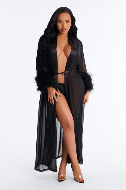 One And Only Sheer Feather Trim Robe - Black