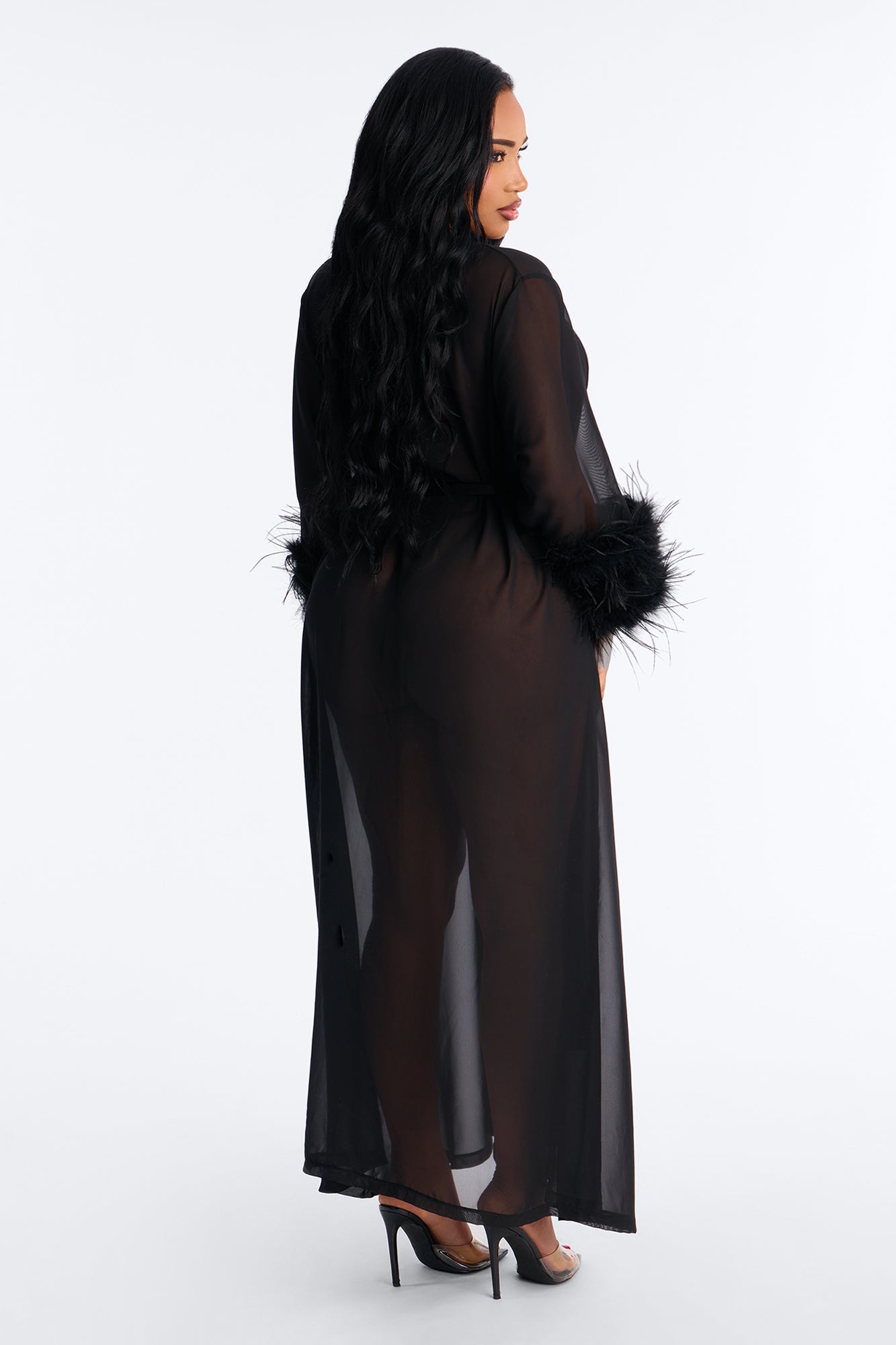 One And Only Sheer Feather Trim Robe - Black