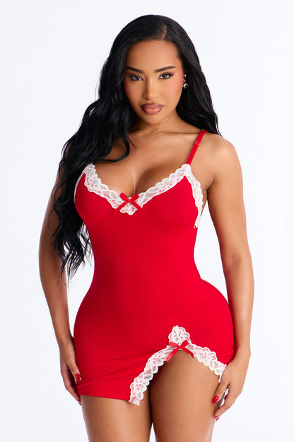 Take It All Lace Trim Stretch Chemise - Red/White