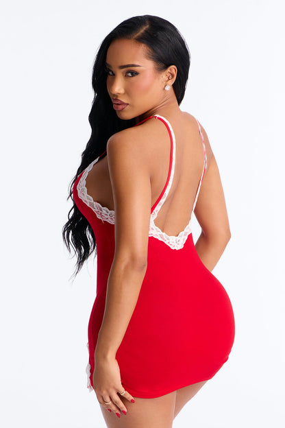 Take It All Lace Trim Stretch Chemise - Red/White