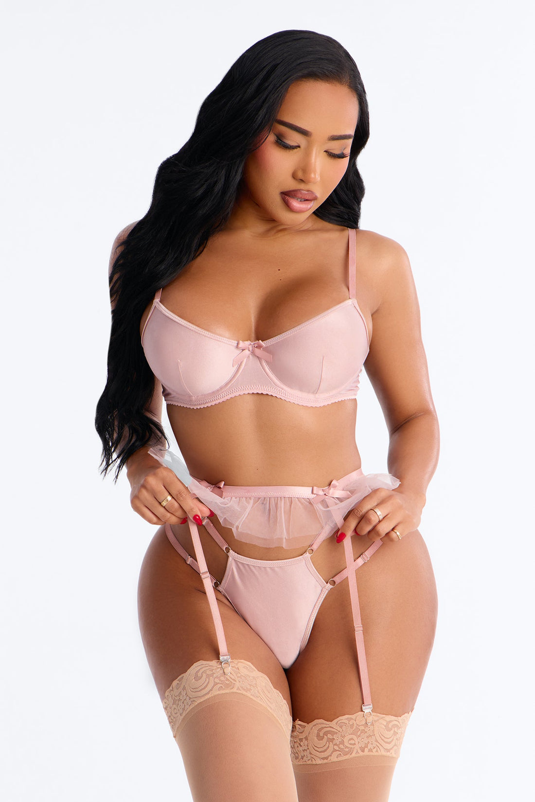 Sabrina Satin 3 Piece Bra And Panty Garter Set - Pink