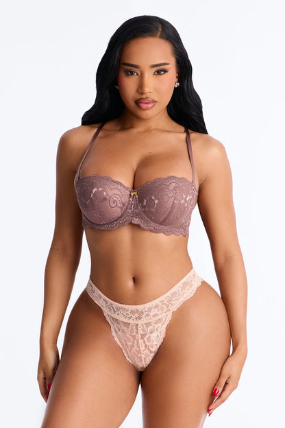 Date Night Vibes Lace Balconette Padded Bra - Brown