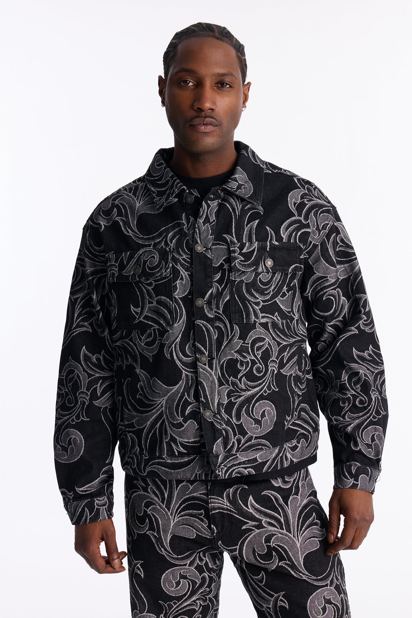 Relaxed Cropped Baroque Jacquard Denim Jacket - Black Wash