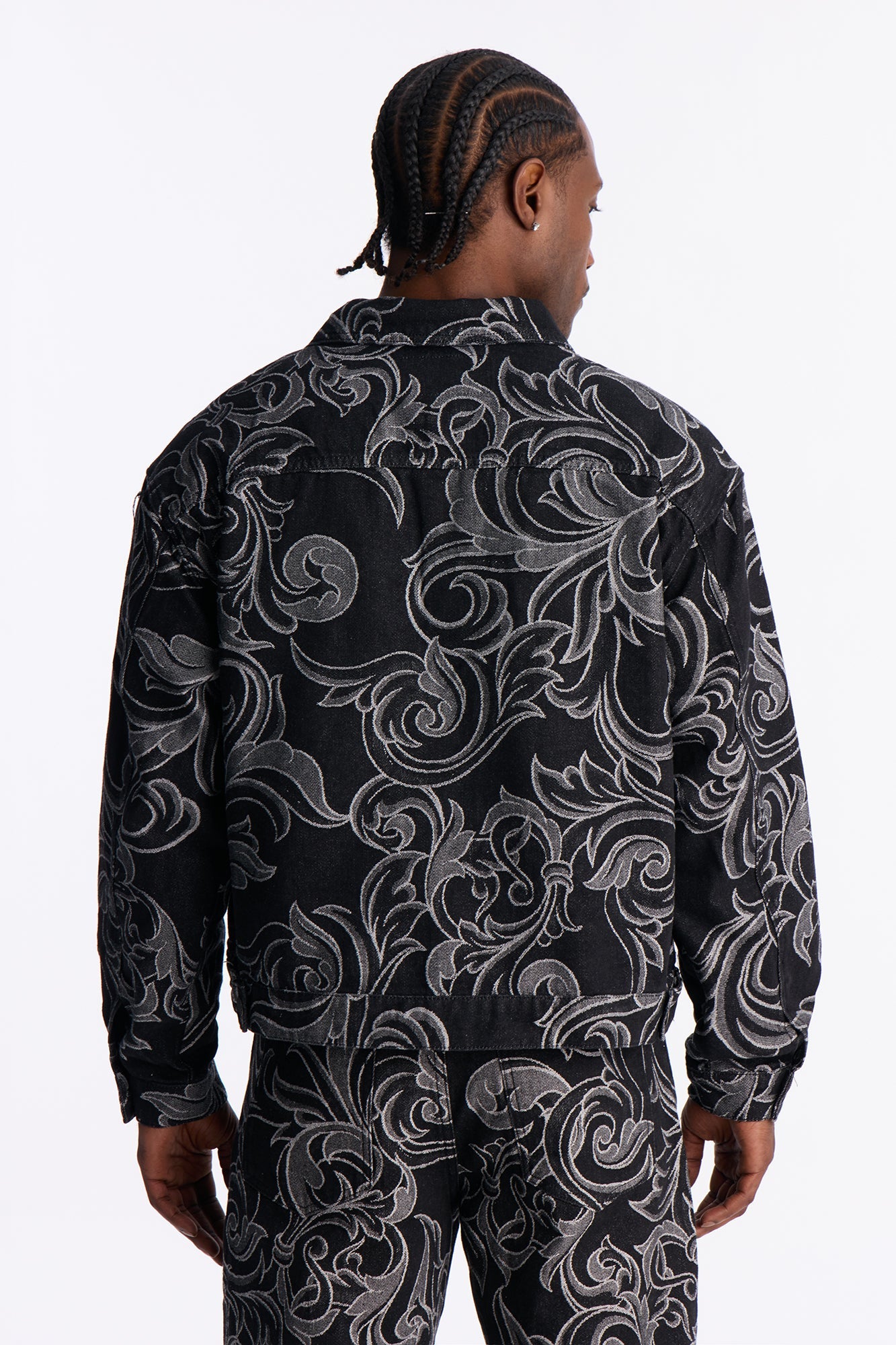 Relaxed Cropped Baroque Jacquard Denim Jacket - Black Wash