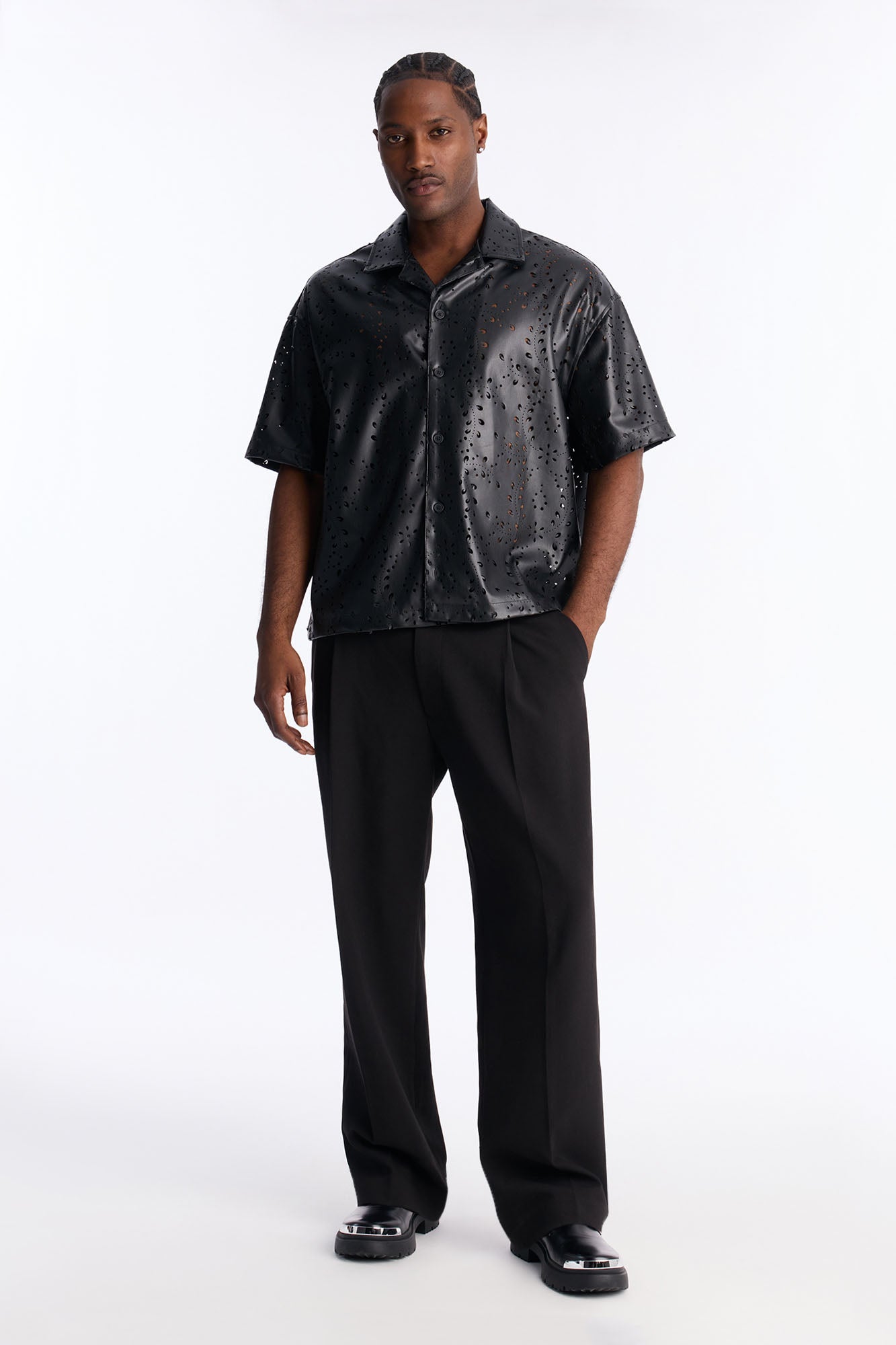 Cupids Cutout Cuban Collar Shirt - Black