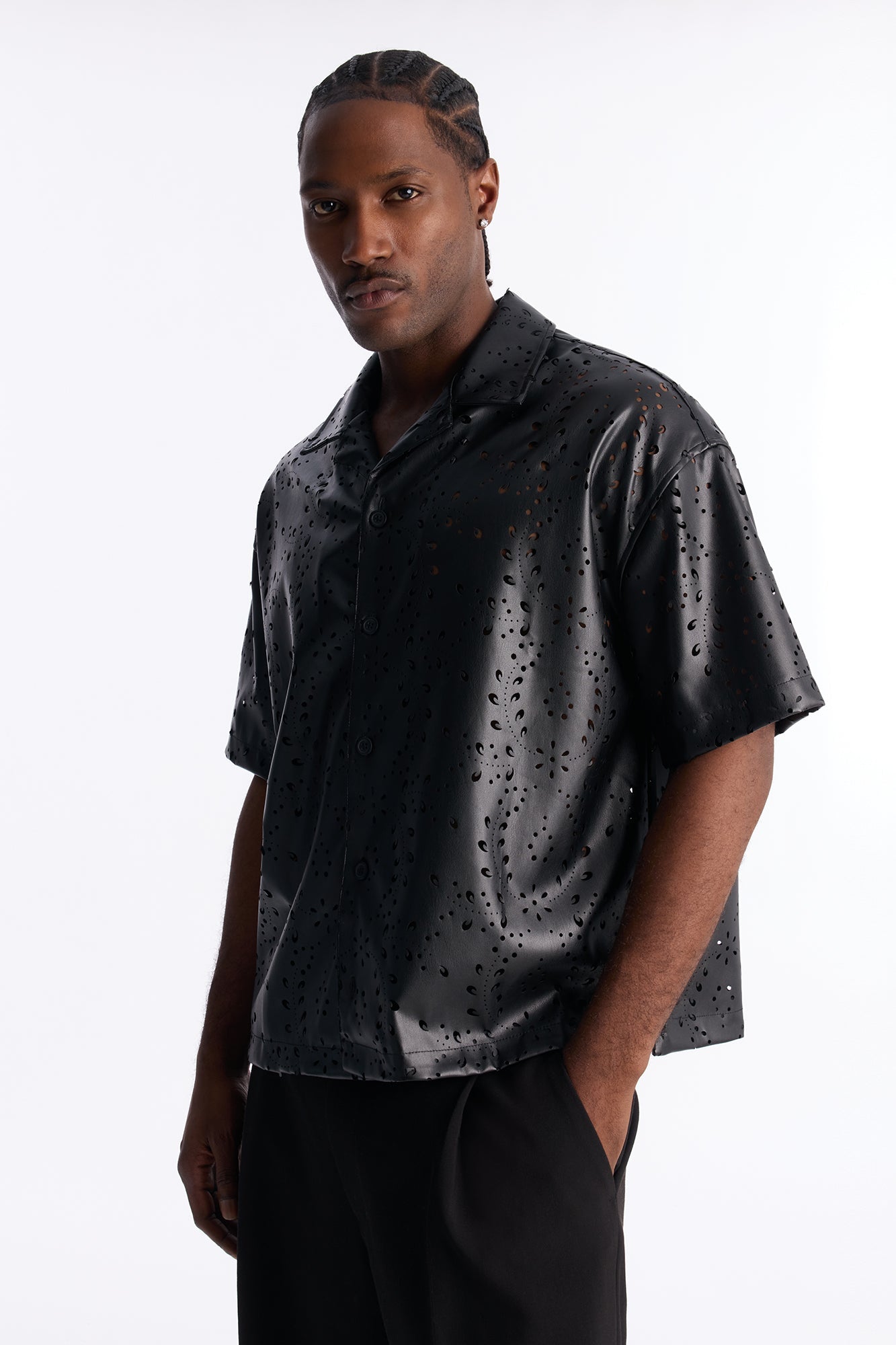 Cupids Cutout Cuban Collar Shirt - Black