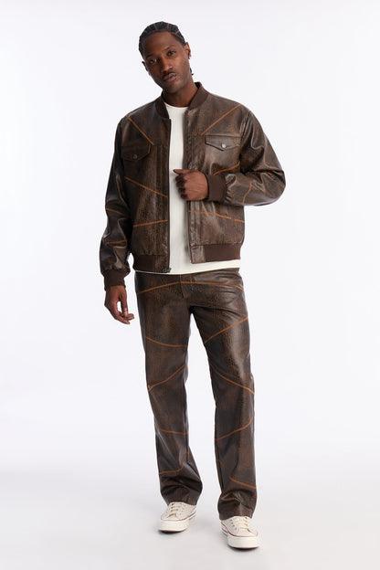 Vintage Chainstitch Faux Leather Bomber Jacket - Brown