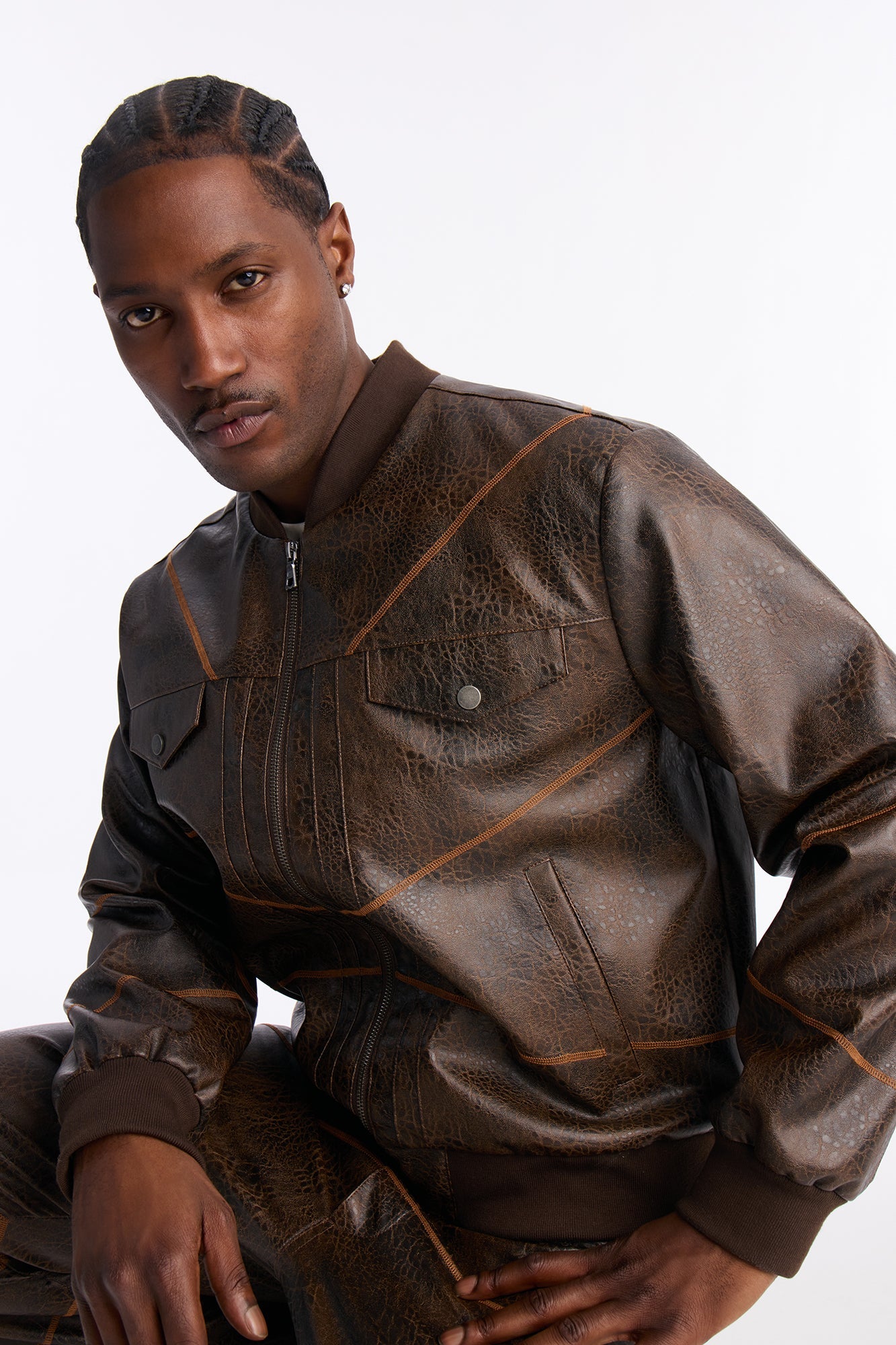 Vintage Chainstitch Faux Leather Bomber Jacket - Brown