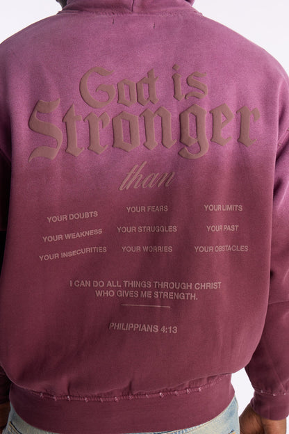 God Is Stronger Rhinestone Hoodie - Plum
