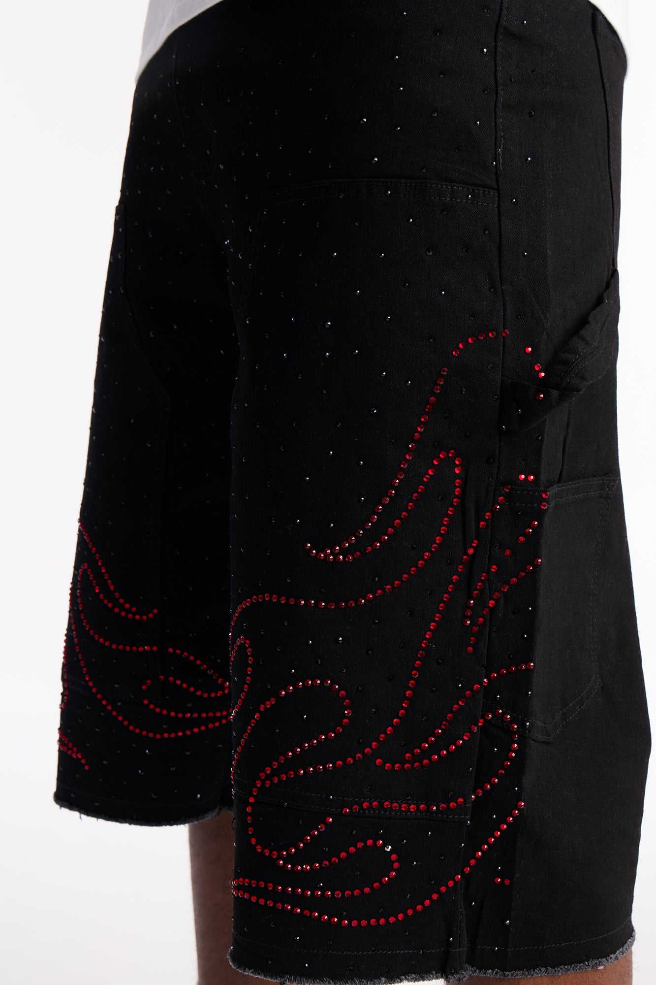Baggy Flamed Jewel Carpenter Denim Short - Black