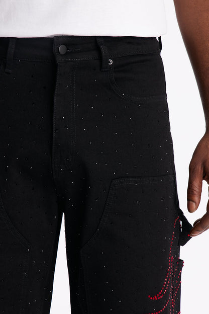 Baggy Flamed Jewel Carpenter Denim Short - Black