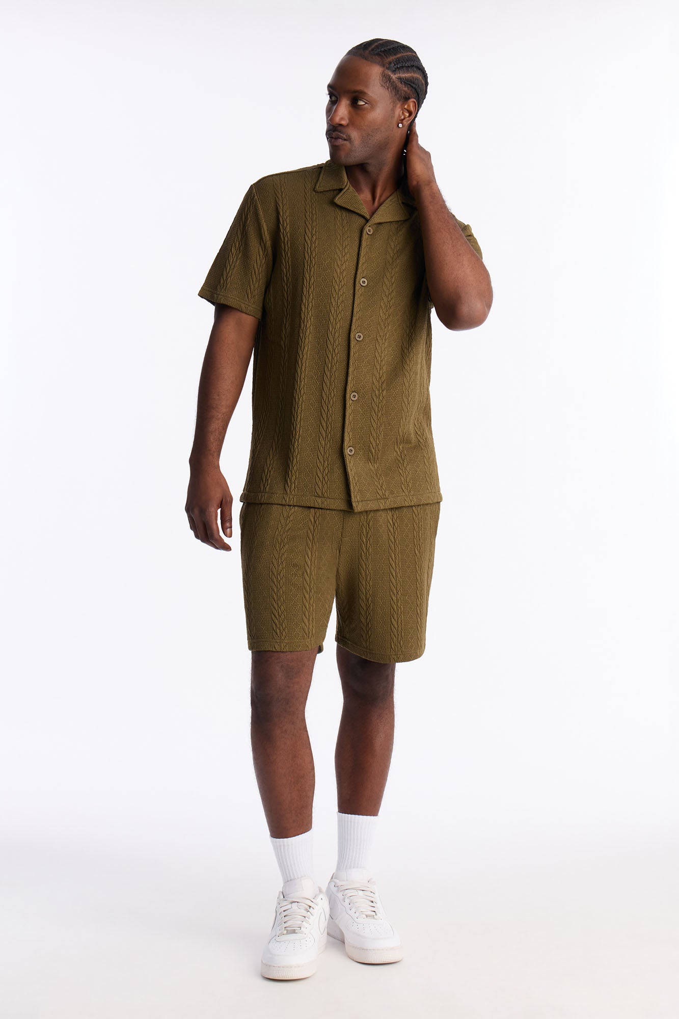 Textured Stripes Cuban Short Sleeve Button Up Shirt - Olive