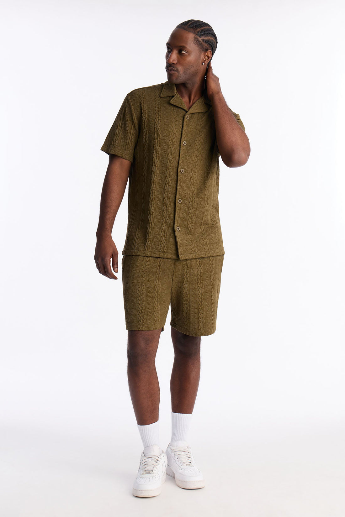 Textured Stripes Relaxed Drawstring Shorts - Olive