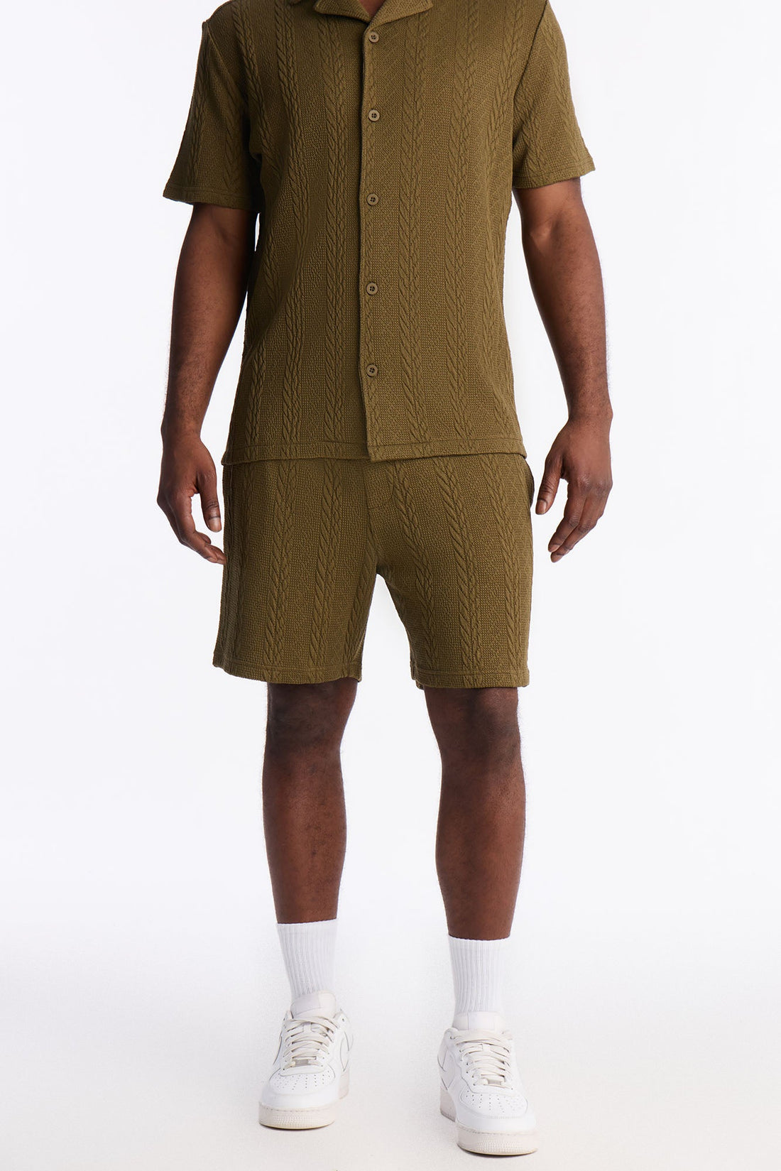 Textured Stripes Relaxed Drawstring Shorts - Olive