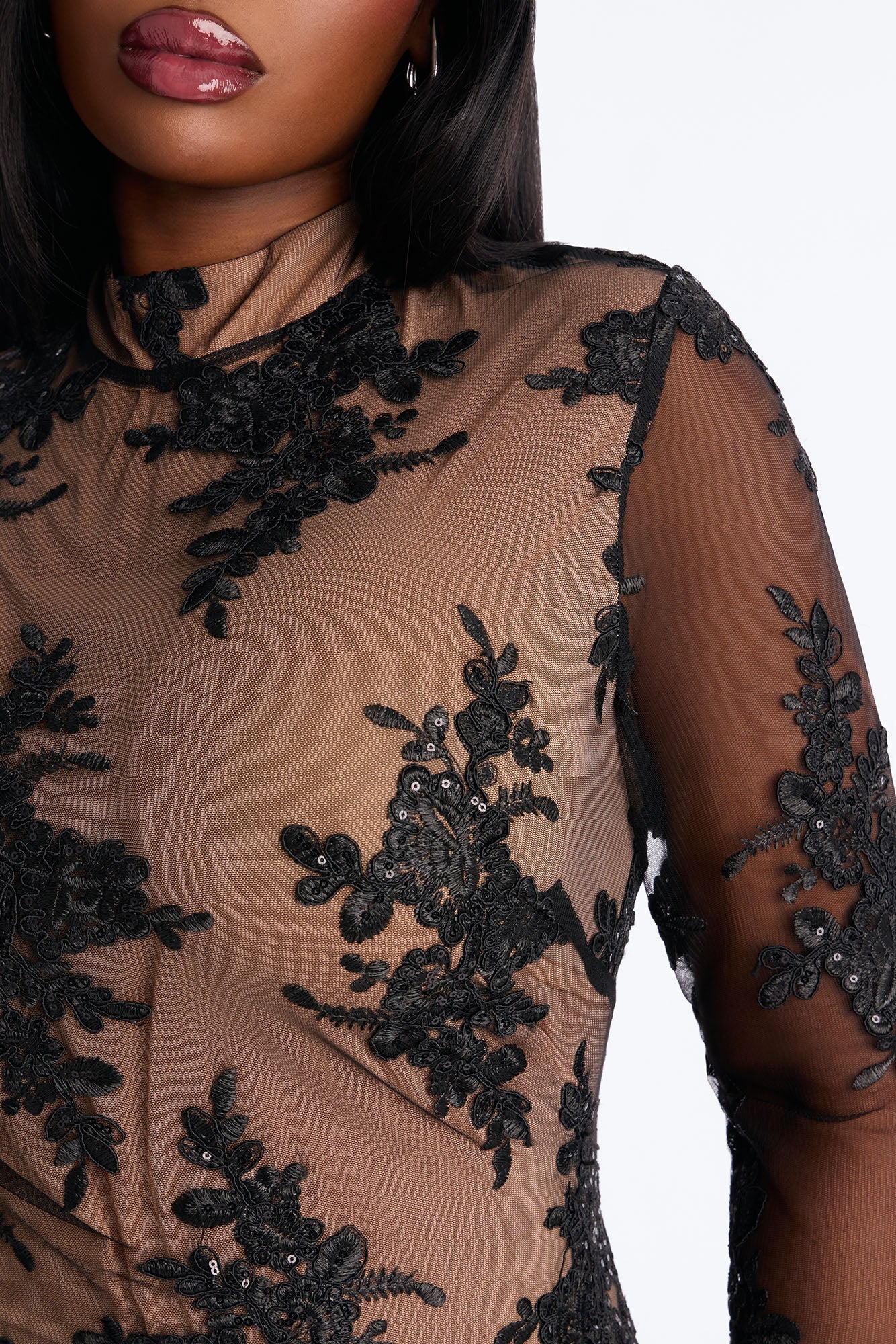 Floral Flame Mesh Mini Dress - Black