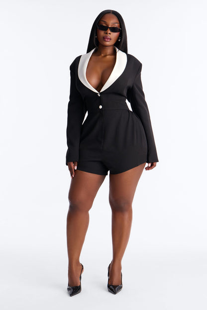 Flirty Babe Long Sleeve Romper - Black/White