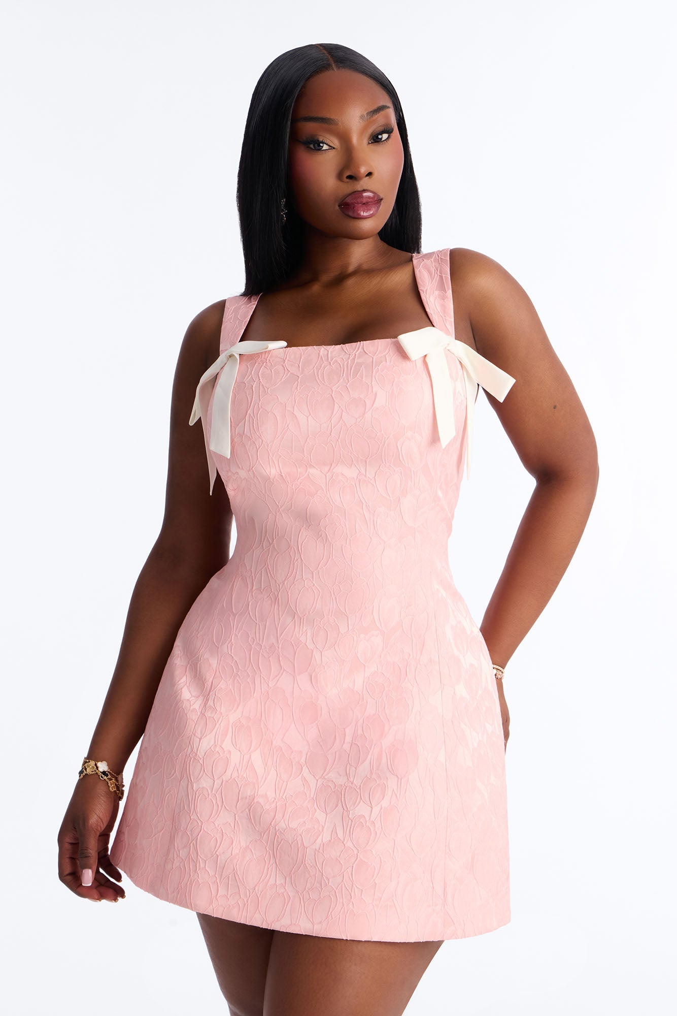 Petal Pout Jacquard Mini Dress - Pink