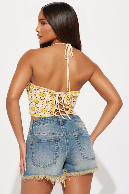 Imani Floral Crochet Halter Top - Mustard/combo