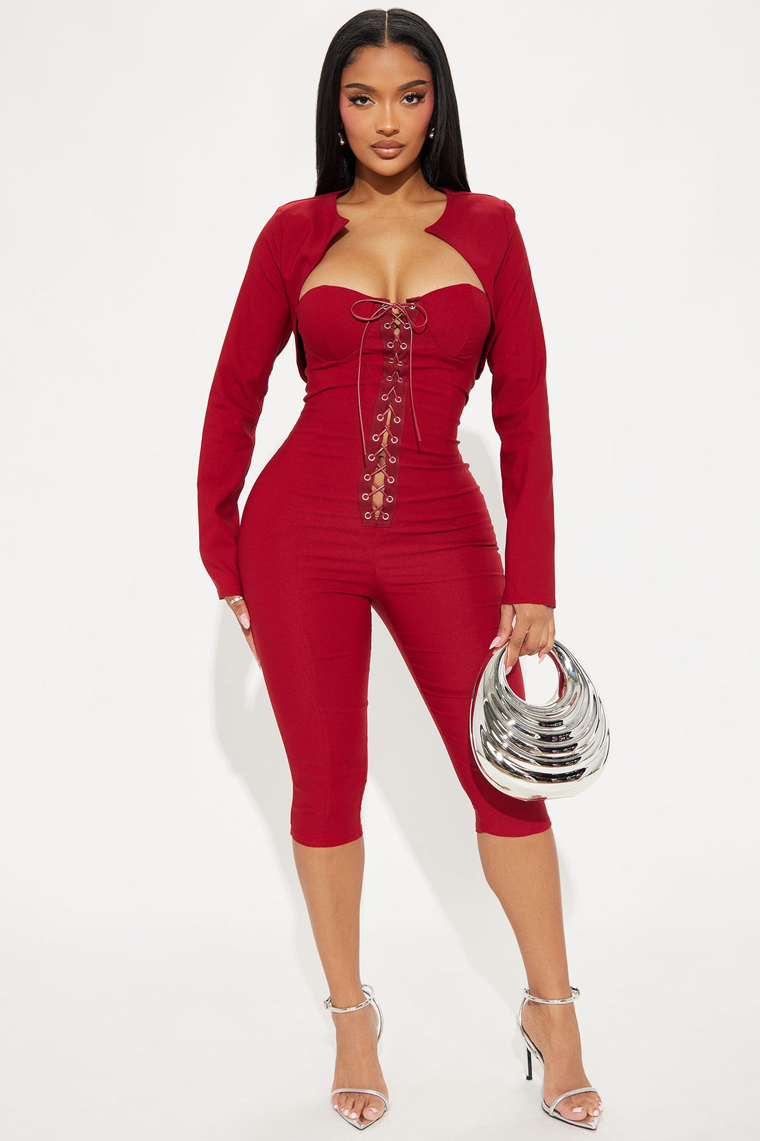 Gia Lace Up Capri Jumpsuit Set - Burgundy