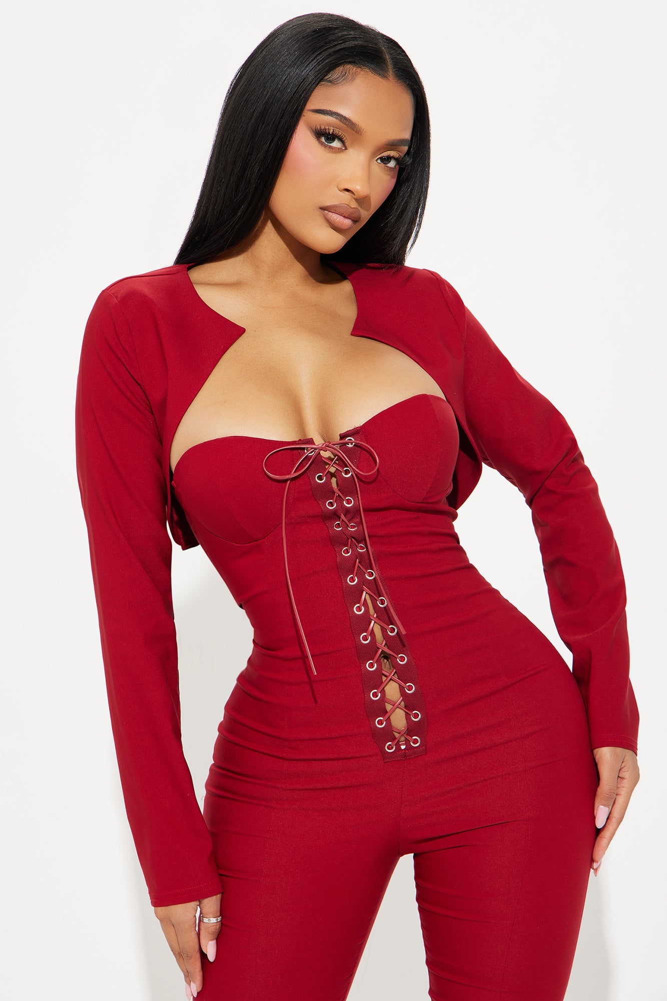 Gia Lace Up Capri Jumpsuit Set - Burgundy
