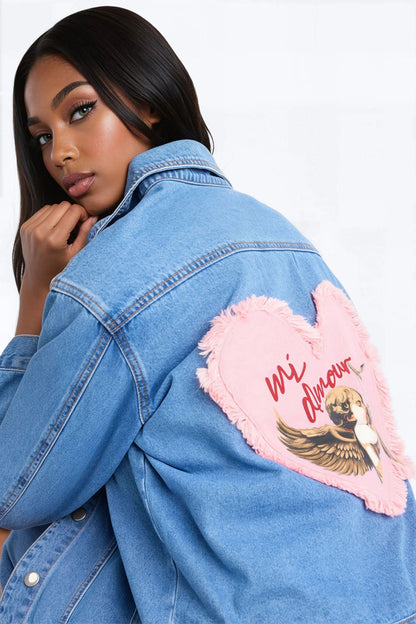 Mi Amour Cherub Denim Trucker Jacket - Medium Wash